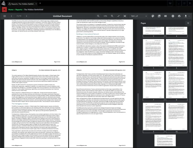 A TR3AD-drafted report open in the viewer: an eleven-page document shown two pages at a time, with a page-thumbnail rail alongside it and a running head on every page